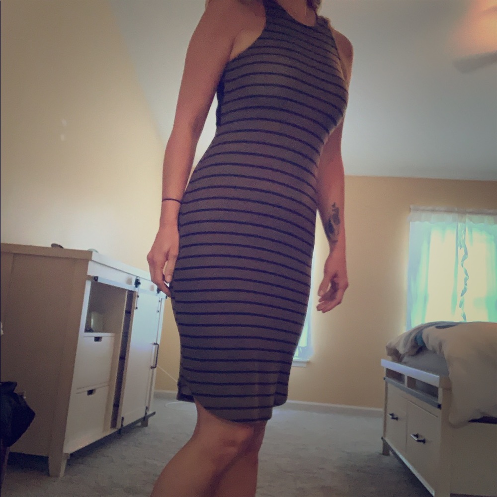 Green and black striped knee length dress